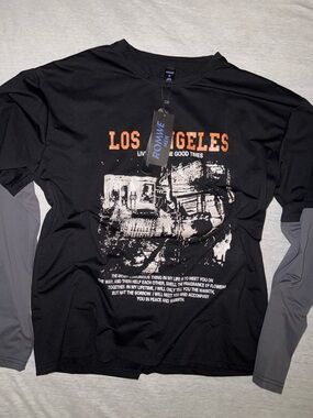 ROMWE Black and Gray 'Los Angeles' Graphic Layered-Look Long Sleeve Shirt